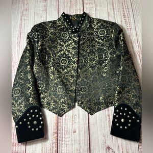 PIONEER Woman Black and Gold Brocade Women's Jacket with velour studded cuffs